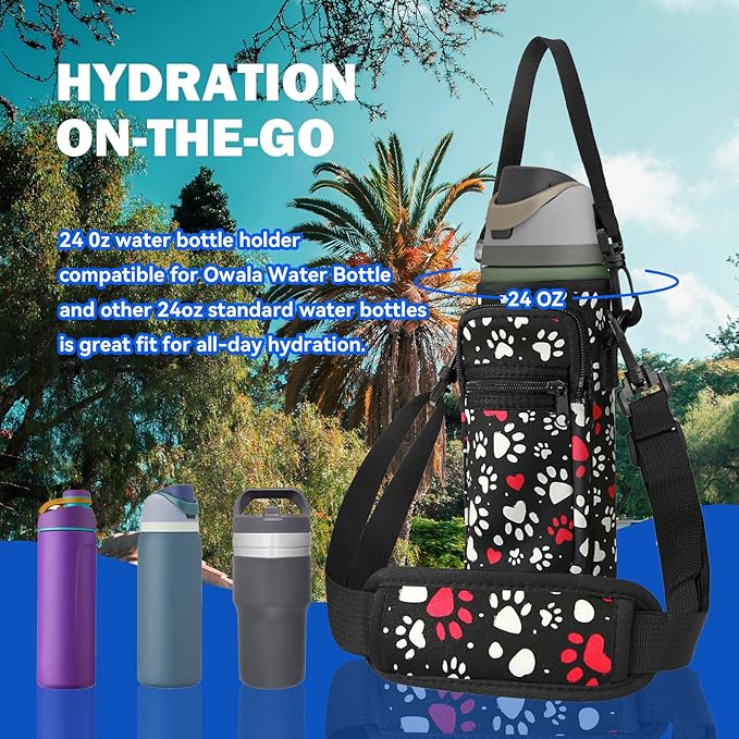 Neoprene Water Bottle Holder Bag with Cell Phone Pocket Compatible with Owala FreeSip 24 oz，Water Bottle Carrying Bag ，with Adjustable Shoulder Strap,for 24oz Stainless Steel Water Bottle