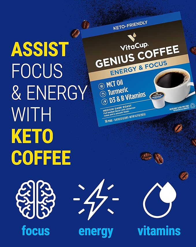 VitaCup Coffee Pods 40ct, 4 Unique Wellness Blends with MCT Oil, Garcinia Cambogia, Lion’s Mane, Chaga & Low-Acid Organic Dark Roast – Full-Bodied Arabica Coffee Pods for Energy, Focus, Immunity & Daily Vitamins