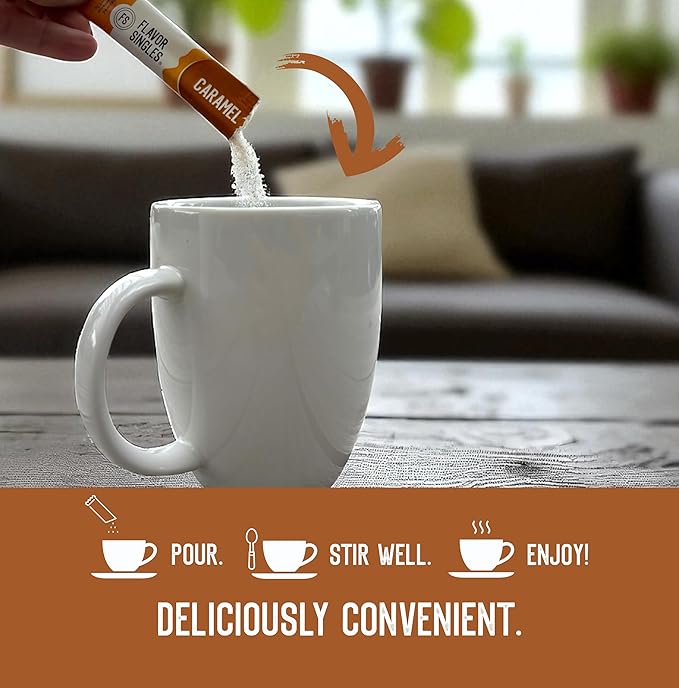 Flavor Singles Caramel Powdered Sweetener Packets for Coffee & Tea, Travel Ready Single-Serve Syrup Alternative, 30 Count (Pack of 3)