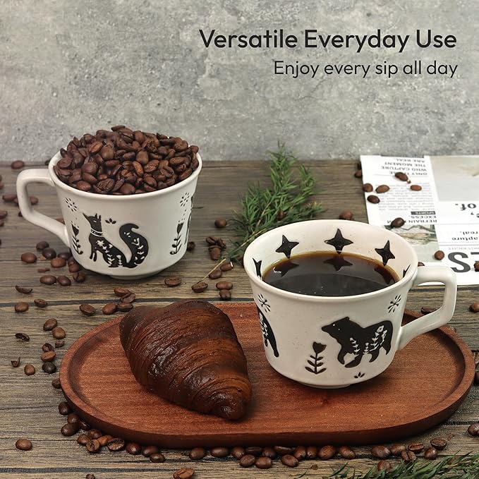 LINVIA Ceramic Coffee Mug, 12 oz Novelty Unique Teacup with Handle, Stoneware Cup for Tea Mocha Latte Cappuccino Espresso (Set of 4, Fox and Bear)