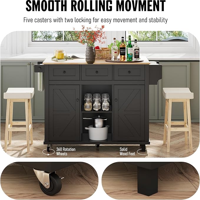 Kitchen Island with Storage on Wheels, 53" Large Rolling Kitchen Island with Drop Leaf, Mobile Kitchen Islands Cart with 3 Drawers 2 Cabinet, Open-Shelf, Islands Table (Black, 3 Drawers)