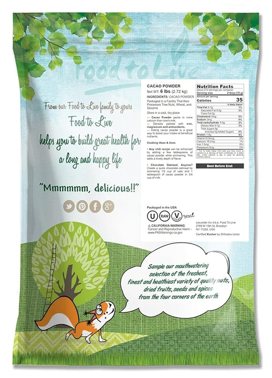 Food to Live Cacao Powder – 6 Pounds, Raw, Unsweetened, Kosher, No Sugar, Vegan Superfood, Keto, Paleo Friendly, Sirtfood, Cocoa Powder for Baking, Smoothies, Hot Chocolate, Confectionery, Coffee