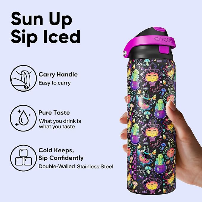 Encool SwiftSip Insulated Stainless Steel Water Bottle with Straw - Leak Proof Sports Water Bottle for School, Travel, Keeps Cold All Day, One-Touch Flip Lid, BPA-Free, 32 oz, Meowgic Night