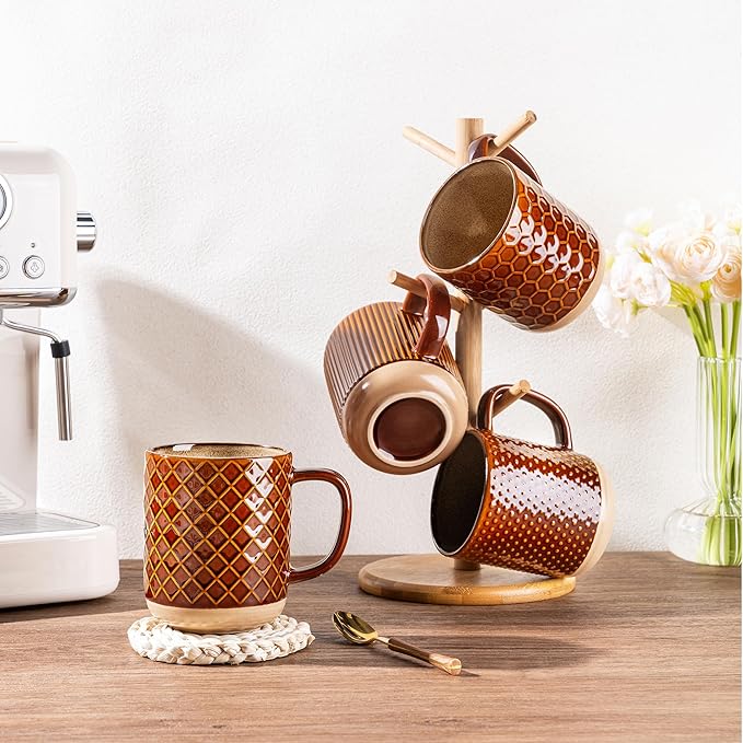 GBhome Large Coffee Mugs Set of 4, 16oz Handmade Stoneware Coffee Mugs Set with Large Handle for Cappuccino/Latte/Tea/Hot Cocoa, Dishwasher & Microwave Safe, Caramel