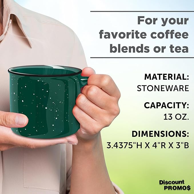 DISCOUNT PROMOS Ceramic Campfire Coffee Mugs 13 oz. Set of 10, Bulk Pack - Perfect for Tea, Espresso, Cappuccino, Hot Cocoa - Green