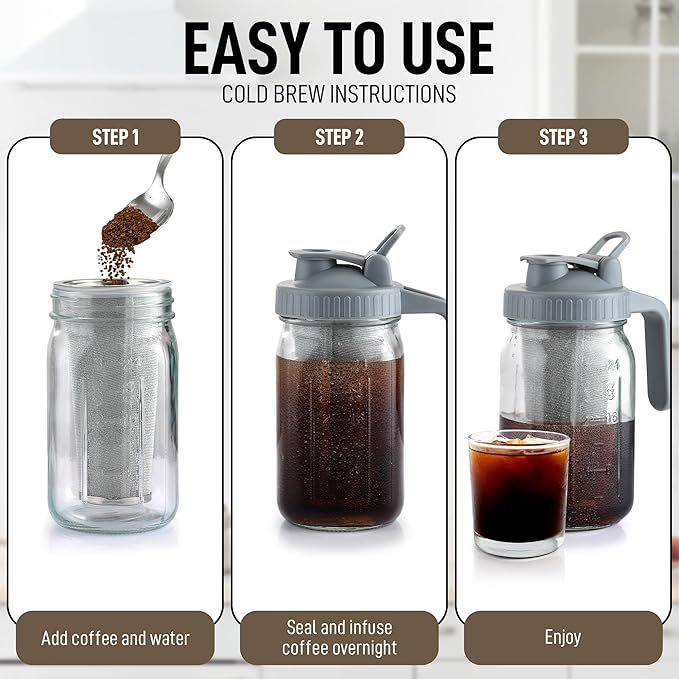 Zulay Premium Cold Brew Coffee Maker - 32oz Mason Jar With Leak-Proof Lid & Extra-Thick Glass - Fine-Mesh Stainless Steel Filter For Smooth Cold Brew & Iced Tea - Gray