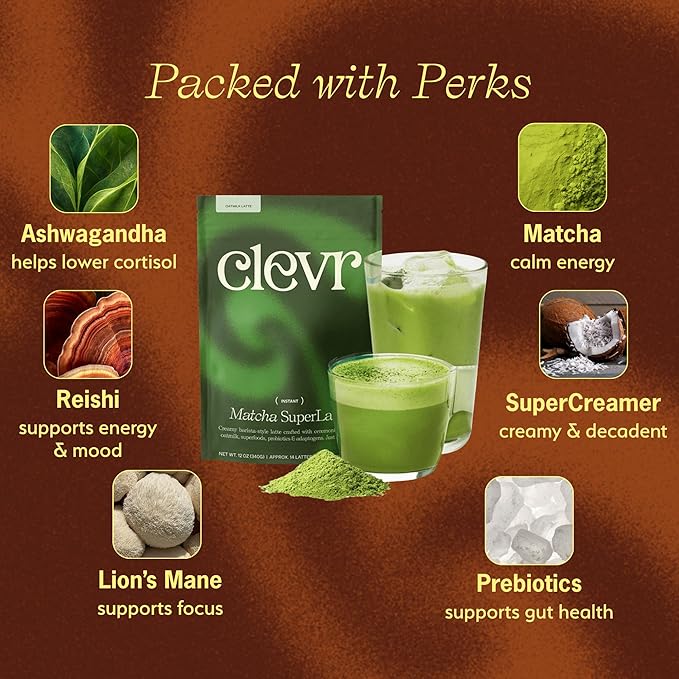 Clevr Organic Matcha Green Tea Latte, Instant Ceremonial Grade, Superfood Powder Blend with Oat Milk, Lions Mane, Reishi Mushroom, Coconut Cream, Ashwagandha, Serve Hot or Iced, (30 Lattes)