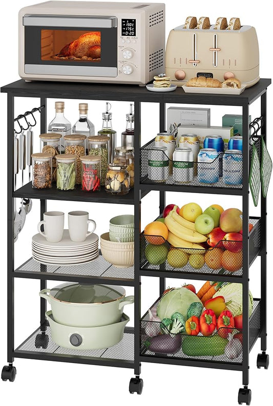 HapiRm Rolling Kitchen Carts with Storage - Microwave Table Stand with 6 Hooks & 3 Baskets, kitchen Island Cart on Lockable Wheels, 28.3" L × 14.6" W Bakers Rack Cart for Dining Room Coffee Bar Office