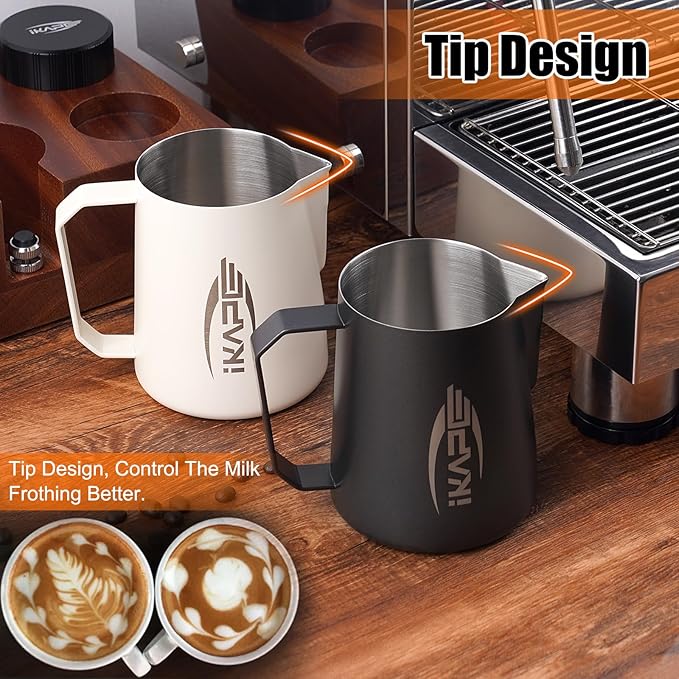 IKAPE Coffee Products, 600ml Milk Frothing Pitcher, Stainless Steel Milk Steaming Pitchers, Cappuccino Latte Art Barista Steam Pitchers Coffee Milk Frother Cups(20 oz)(Black)