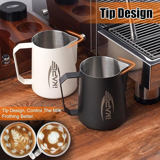 IKAPE Coffee Products, 600ml Milk Frothing Pitcher, Stainless Steel Milk Steaming Pitchers, Cappuccino Latte Art Barista Steam Pitchers Coffee Milk Frother Cups(20 oz)(Black)