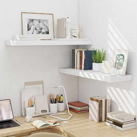 Fun Memories Floating Shelves Set of 2, 36 Inch Long Wooden Wall Shelves, 10 Inch Deep Wall Mounted Storage Shelf with Metal Brackets for Living Room, Bathroom, Bedroom and Kitchen, White