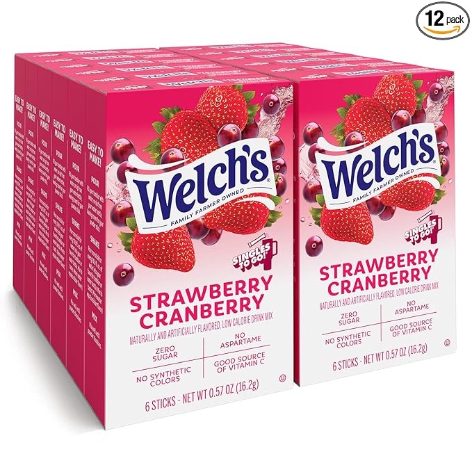 Welch's Singles To Go Water Drink Mix - Powder Sticks, 12 Boxes with 6 Packets Each - 72 Total Servings, Strawberry Cranberry, Pack of 12
