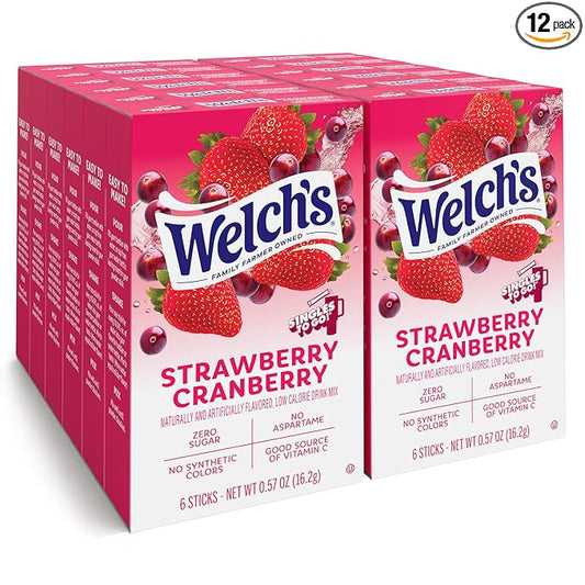 Welch's Singles To Go Water Drink Mix - Powder Sticks, 12 Boxes with 6 Packets Each - 72 Total Servings, Strawberry Cranberry, Pack of 12