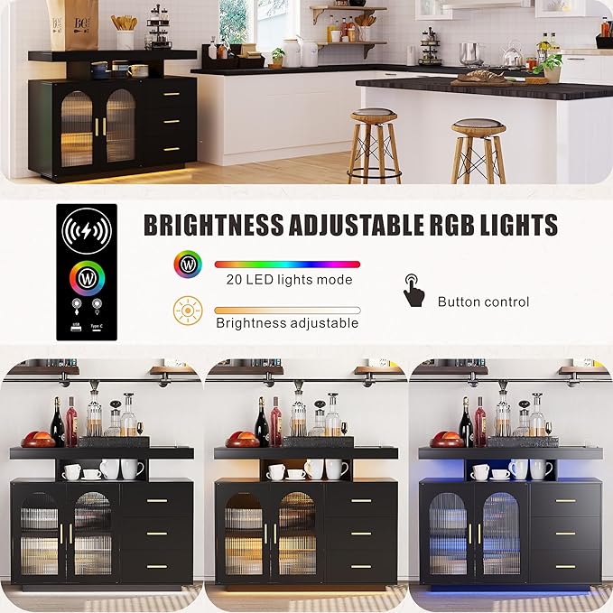HWB RGB LED Coffee Bar Cabinet Kitchen Storage Cabinet & Sideboard Buffet Cabinets - Wood Coffee Bar Table with Shelf Capacity for Dinning Room/Living Room/Kitchen(Black)