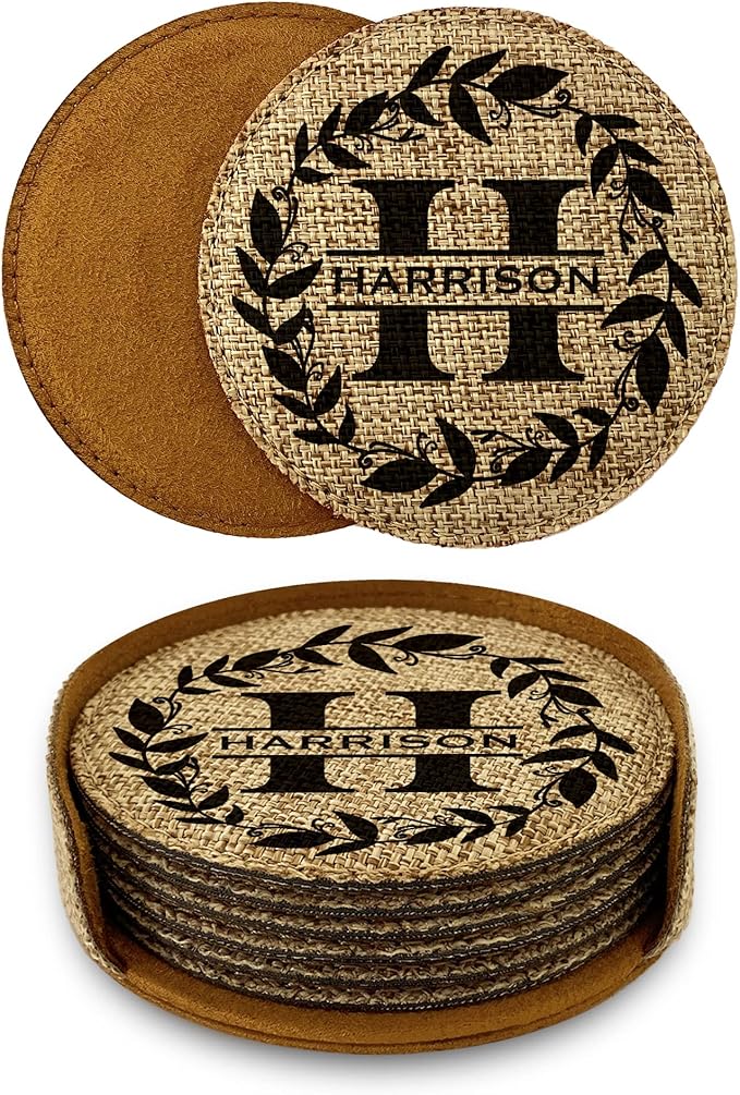 Smile Art Design Family Monogram Personalized Coaster Set of 6 with Base Round Burlap Material Family Name Personalized Print Personalized Gifts House Warming Wedding Gift Rustic Kitchen Decor Style3