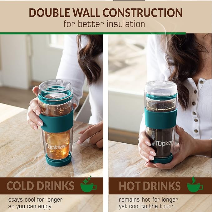 Tupkee Double Wall Glass Tumbler - 14-Ounce, All Glass Reusable Insulated Tea/Coffee Mug & Lid, Hand Blown Travel Mug - Cyan