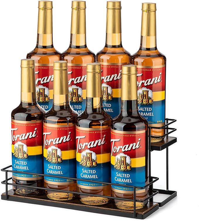 EFYSE Coffee Syrup Organizer rack, 2 Tier Syrup Holder(8 Bottle Capacity) for coffee bar syrup storage,kitchen condiment organization and wine display.