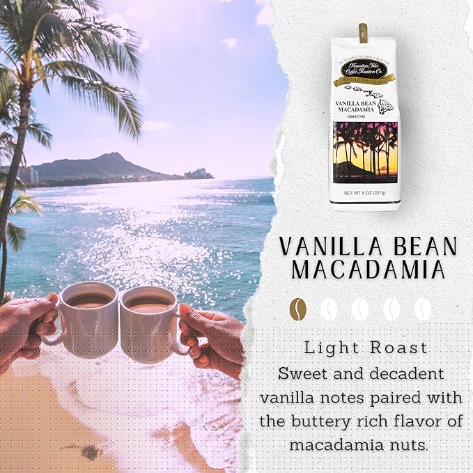 Hawaiian Isles Coffee Vanilla Bean Macadamia Flavored, Light Roast Ground Coffee, Roasted with Aloha - 24 Ounce Bag