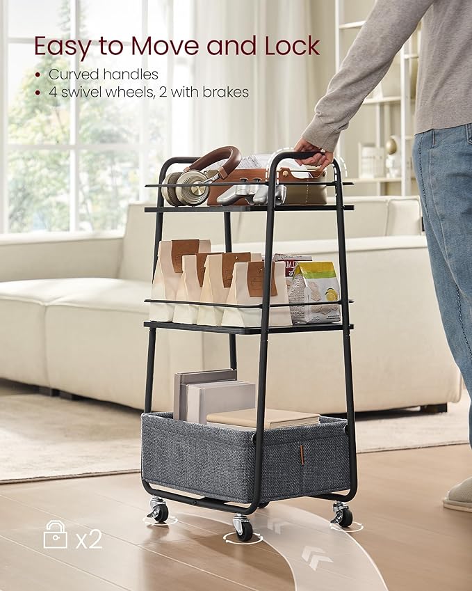 VASAGLE LILEA Collection - Storage Cart with Fabric Basket, 3-Tier Rolling Utility Cart with Wheels and Shelves, for Living Room Bedroom Kitchen, Ebony Black and Slate Gray ULRC001BE02