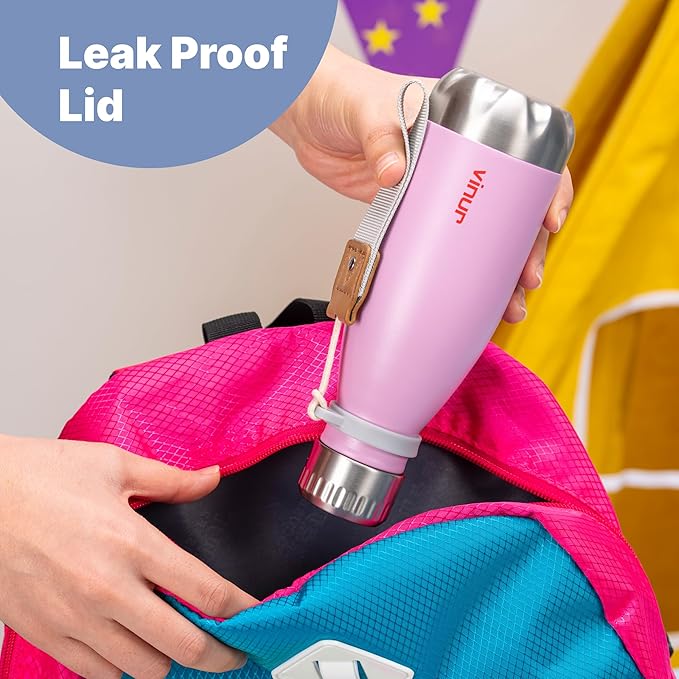 VINUR Kids Water Bottle-12 oz Stainless Steel Double Wall Vacuum Insulated Water Bottle for School-Cola Shape Flask with Carry Rope(Navy)