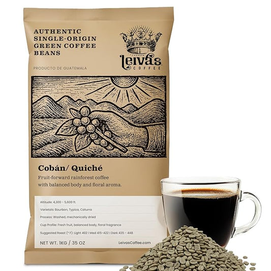 Leiva’s Unroasted Green Coffee Beans (1kg) – Coban/Quiche Single Origin Coffee w/Floral & Fresh Fruit Notes – Washed, Shade Grown Organic Guatemala Beans – Balanced, Whole Bean Unroasted Blend