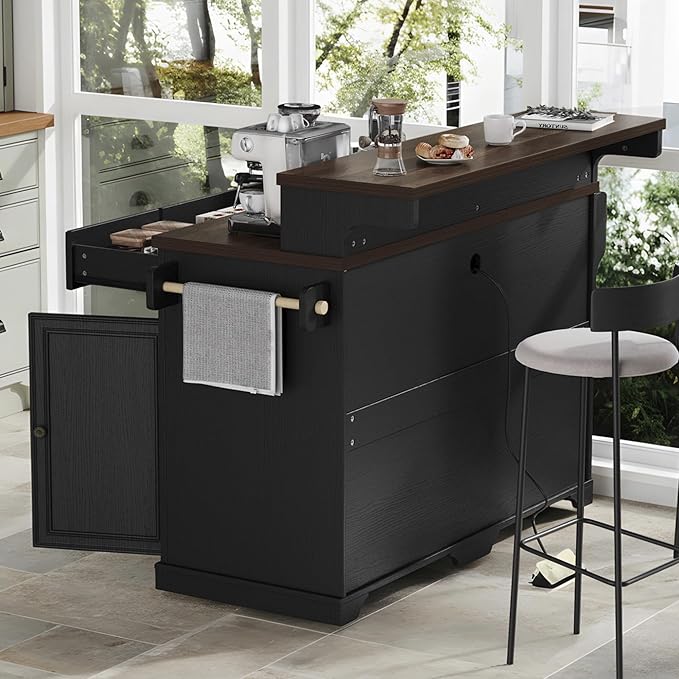 Rolling Kitchen Island with Two-Tier Bar Counter and Power Outlets, 3 Drawers & 4 Door Shelves, Mobile Kitchen Cart with Storage Cabinets & Locking Wheels for Dining Room & Kitchen, 53-Inch, Ash Black