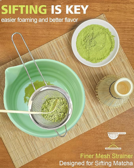 Matcha Whisk Set with Matcha Bowl, Matcha Whisk Holder Matcha Bamboo Whisk, Scoop, Sifter, Unique Gifts for Women Men Girl Friend Home Kitchen Decor（Light Green）