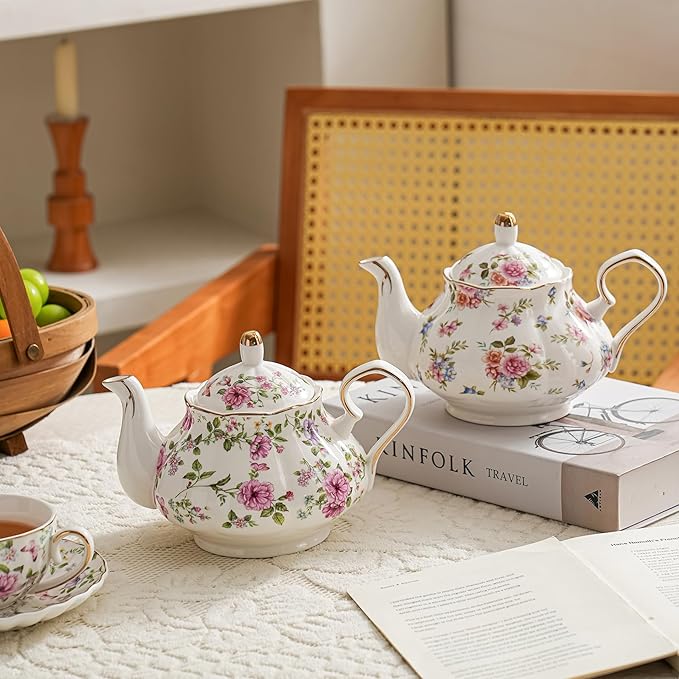 Flower Ceramic Teapot,22oz Porcelain Tea pot for Tea Coffee Milk for Office Home Men Women as Gift (White and big flowers)