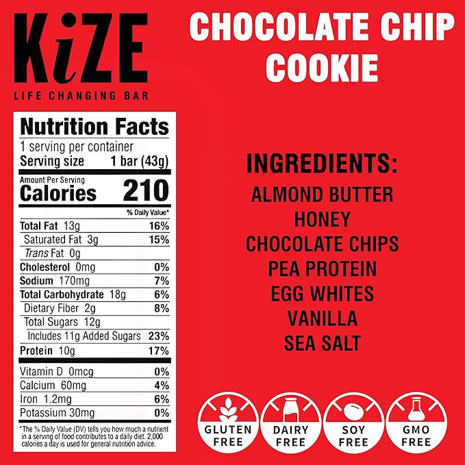 KiZE Energy Bars - Chocolate Chip Cookie - Almond Butter-Based, Gluten Free, Dairy Free, NON-GMO - 10g High Protein Snacks, High Protein Meal Replacement Energy Bars, Clean and Simple Food (10 Count)