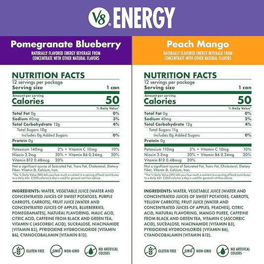 V8 Energy Pomegranate Blueberry and Peach Mango Energy Drinks, 8 fl oz Can (24 Pack)
