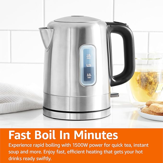 Amazon Basics Electric Stainless Steel Kettle for Tea and Coffee, BPA-Free, Fast Boiling, Auto Shut-Off, 1 Liter, 1500W, Black and Silver