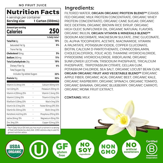 Orgain Organic Nutritional Shake, Vanilla Bean - Meal Replacement, 16g Protein, 20 Vitamins & Minerals, Gluten Free, Soy Free, Kosher, Non-GMO, 11 Ounce, 4 Count (Packaging May Vary)