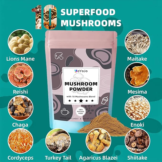 Mushroom Powder, 10-in-1 Mushroom Blend for Coffee, Smoothies & Drinks - Natural Focus, Energy Booster & Immune Support Supplement - 3.53 oz / 100g