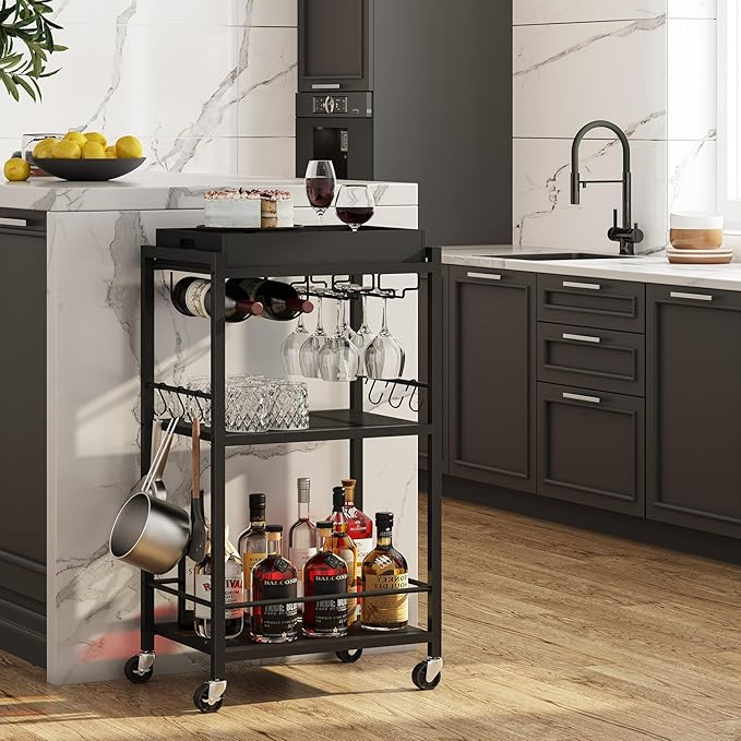 TUTOTAK Bar Cart with Removable Tray, Home Bar Serving Cart, Drink Cart, Mobile Kitchen Shelf with Wine Rack and Glass Holder, Rolling Beverage Cart for Living Room, Kitchen, Black BC01BK036