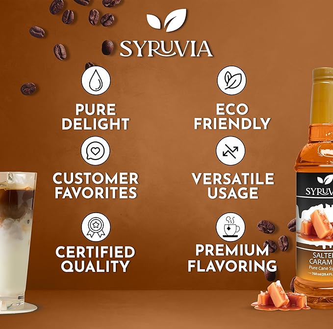 Syruvia 4 Pack Salted Caramel Syrup for Coffee – Sweet & Salty Salted Caramel Coffee Syrup, 25.4 fl oz, Kosher, Gluten Free, Perfect for Coffee Syrup Salted Caramel, Drinks, Desserts,