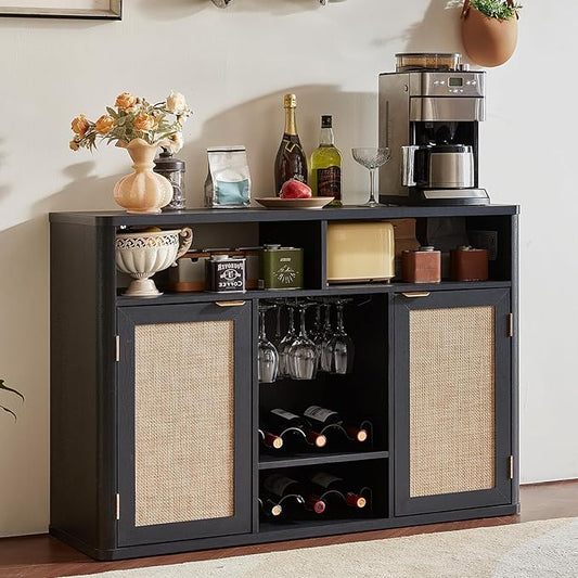 Lerliuo Rattan Wine Cabinet with 2 Doors, Boho Liquor Cabinet with Wine Racks, Farmhouse Coffee Bar Station for Living Room, Dining Room, Kitchen, Black