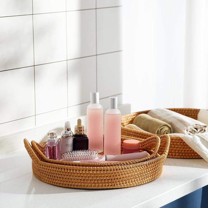 Mothers Day Gifts Set – 3 Handwoven Rattan Trays with Natural Shell Inlay, Boho Decorative Wicker Serving & Coffee Table Trays with Handles for Home Decor, Candles, Snacks & Holiday Entertaining