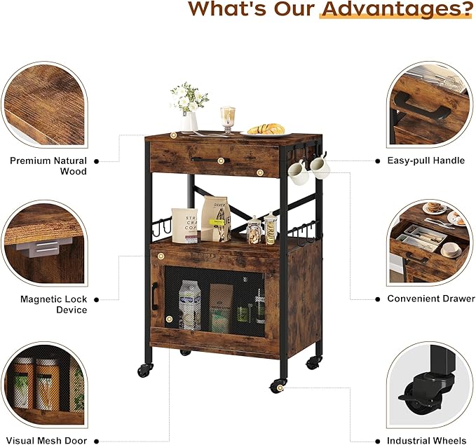 Homeiju Kitchen Island Cart, Kitchen Storage Cart with Drawer, Microwaves Stand, Coffee Cart, Rolling Kitchen Cabinet Cart with Hooks for Kitchen, Dining Room