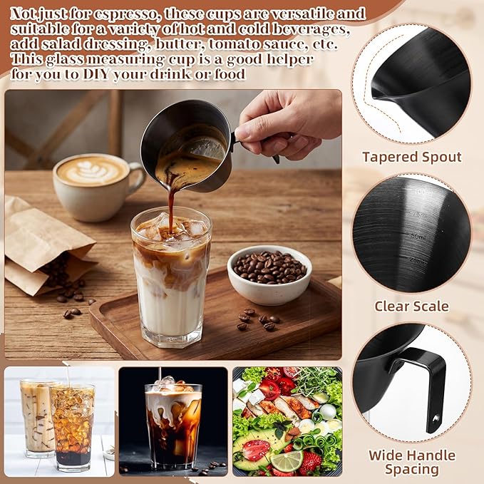 4 Pcs Espresso Accessories Kit with Espresso Cups with Handle, Milk Frothing Pitcher and Latte Art Pen Stainless Steel Cappuccino Machine Accessories for Coffee Bar(Black,100ml, 350ml)