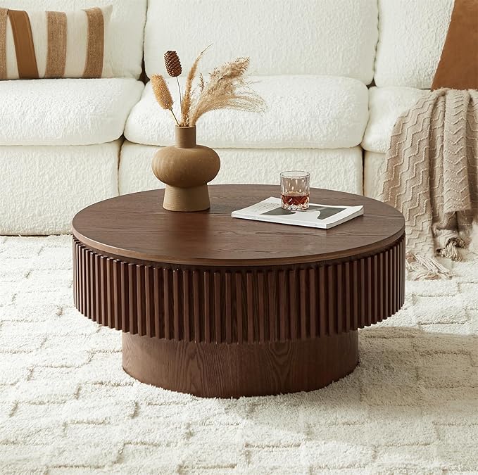 SZTHHDF Round Coffee Table for Living Room,Fluted Drum Accent Tea Center Table with Storage,Circle Modern Coffee Tables for Small Space Office Apartment (31.5" L×31.5''W×14''H-Walnut)