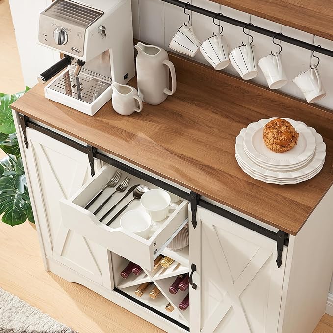 Wnutrees Farmhouse Coffee Bar Cabinet with Charging Station and USB Ports, Sliding Barn Door, 39" Kitchen Hutch Sideboard Buffet Storage Cabinet, Fits Kitchen Dining Living Room, White