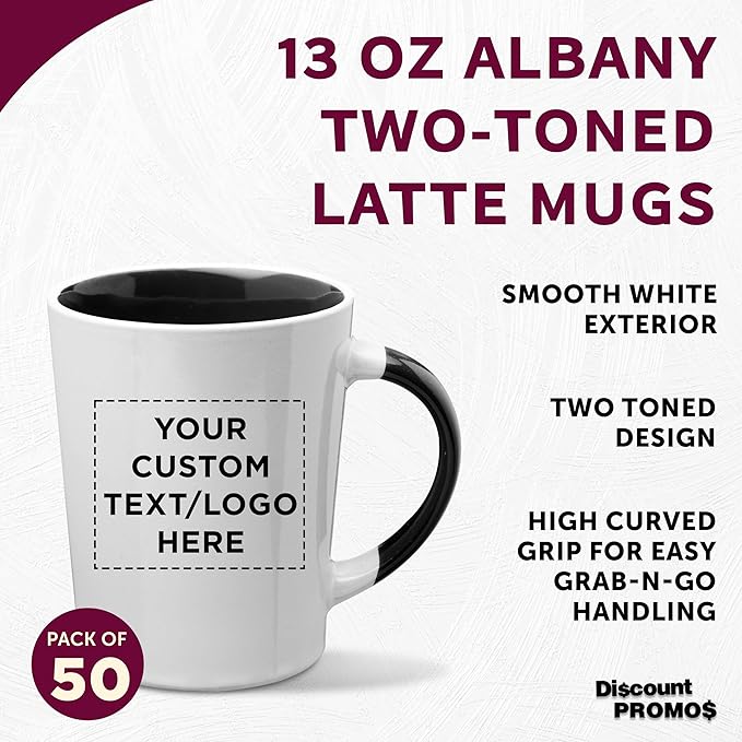 Custom Ceramic Latte Coffee Mugs by Albany 13 oz. Set of 50, Personalized Bulk Pack - Perfect for Coffee, Tea, Espresso, Hot Cocoa, Other Beverages - Black