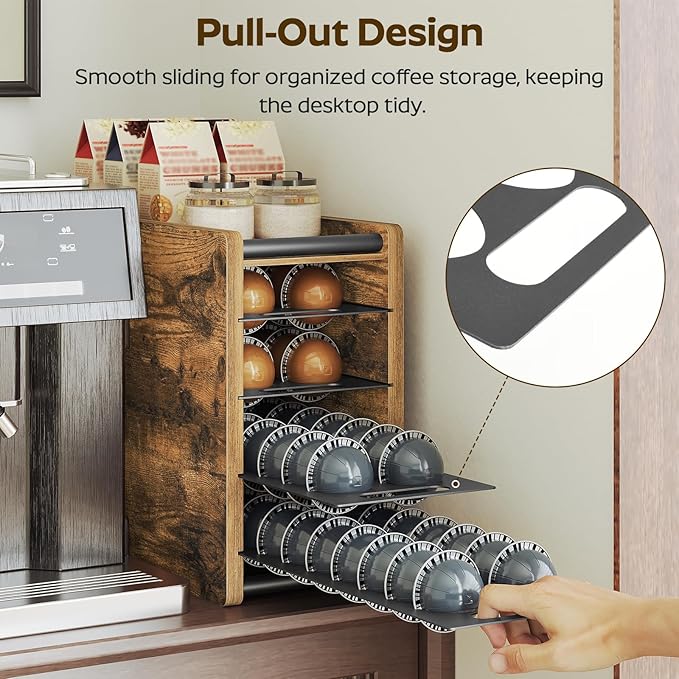 Coffee Pod Drawer Holder, 72 Pods Large Capacity, 4 Tier Holder for Vertuo, Coffee Pod Organizer for Countertop, Storage Rack for Nespresso Vertuo Pods, Space Saving, Rustic Brown KH06BR