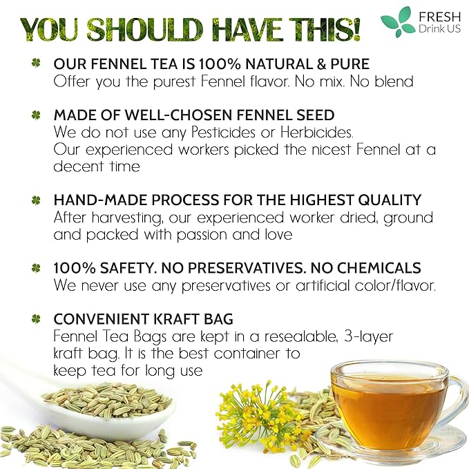 FreshDrinkUS, Premium 135 Fennel Tea Bags, 100% Natural & Pure from Fennel Seeds. Made with Natural Material Tea Bags. No Sugar, No Caffeine, No Gluten, Vegan.