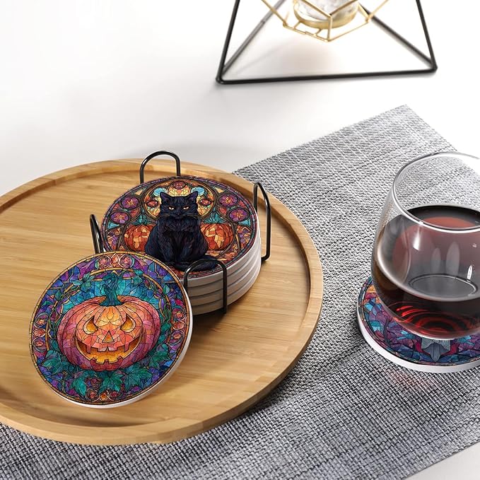 LOKMU Coasters for Drinks, Round Absorbent Ceramic Stone Coaster Sets of 6 with Metal Holder Stand, Stained Glass Halloween Pattern Coasters with Cork Base for Coffee Wooden Table, Housewarming Gifts