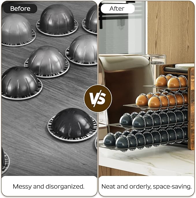 Coffee Pod Drawer Holder, 72 Pods Large Capacity, 4 Tier Holder for Vertuo, Coffee Pod Organizer for Countertop, Storage Rack for Nespresso Vertuo Pods, Space Saving, Rustic Brown KH06BR