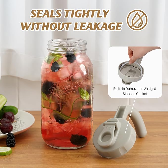 Soligt Glass Mason Jar Pitcher with Lid, Wide Mouth Flip Cap Pour Spout Leak-proof Lid with Handle, 64 oz (2 Quart / 1.9 Liter), for Iced Coffee/Sun Tea Juice/Cold Brew Coffee/Milk (1Pack, Light Gray)