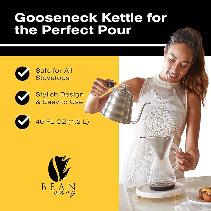 Bean Envy Pour Over Coffee Kettle, Small Gooseneck Kettle with Thermometer and Ergonomic handle, Pour Over Kettle Stainless Steel 40 Oz, Gooseneck Tea Kettle for all occasions.