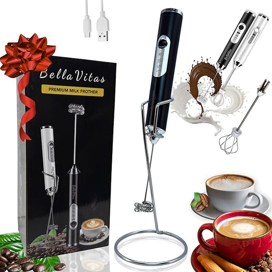 Milk Frother Handheld Rechargeable, 3-Speed Electric Frother Wand Whisk, Foam Maker Drink Mixer with Stand, 2 Whisks Coffee Frother for Latte, Cappuccino, Matcha, Cocoa, Eggs, Black-1