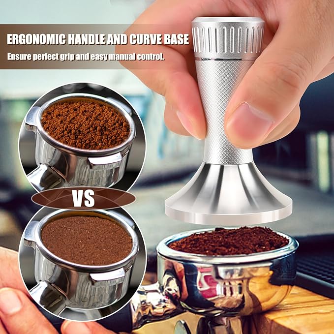 53mm Espresso Tamper, 2-in-1 Premium Barista Coffee Tamper & WDT Tool, Excellent Quality Curve Stainless Steel Base Tamper for Espresso Machine, Compatible with Breville Series 54mm Portafilter Baske